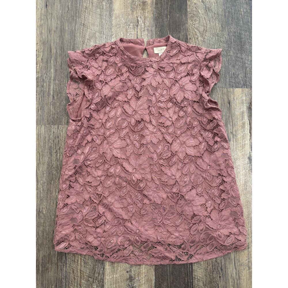 Loft‎ Outlet Women Mauve Pink Floral Lace Flutter Sleeve Mock Neck Blouse Large
